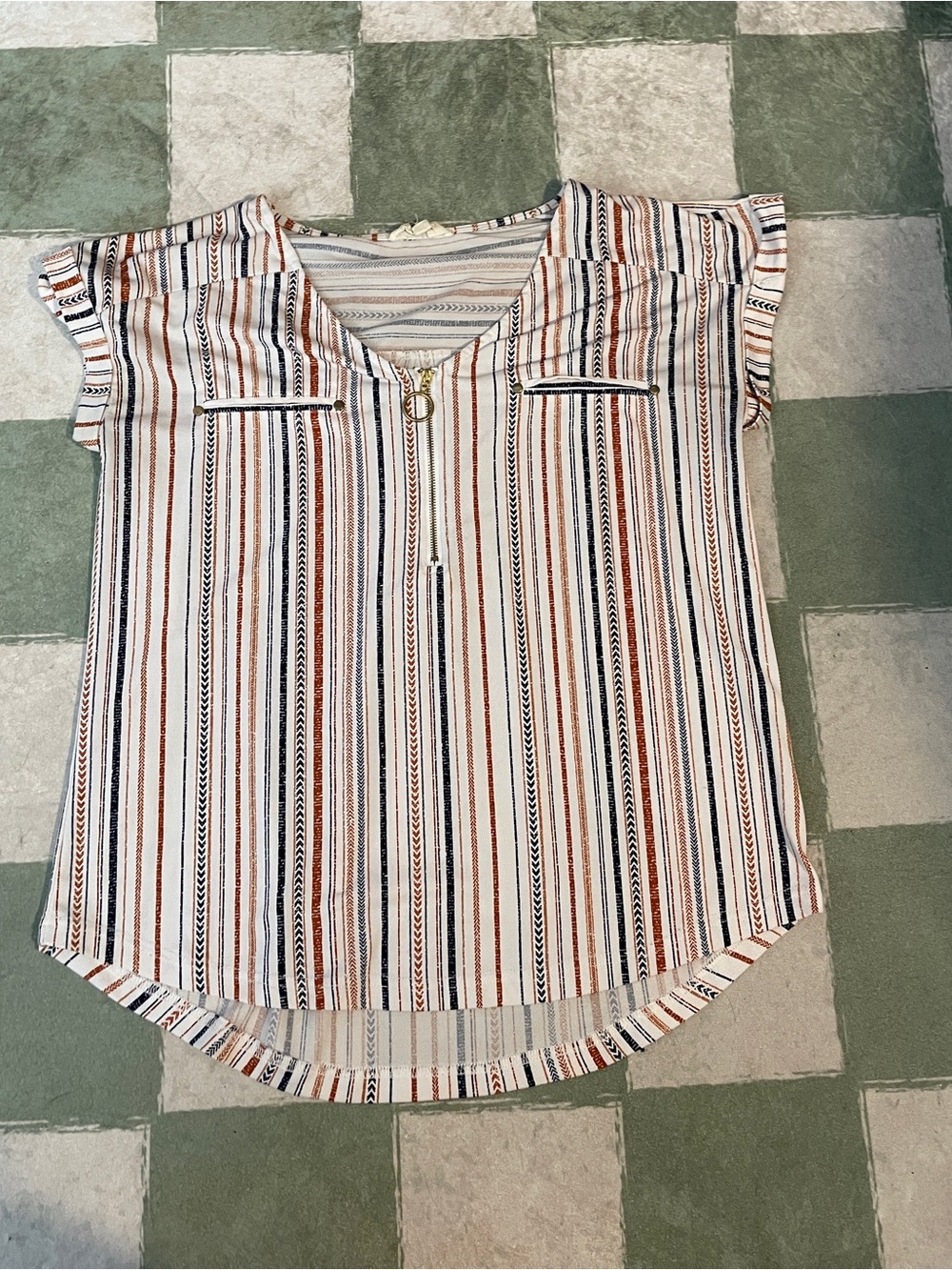 Striped Short-Sleeve V-Neck Blouse in White, Navy and Rust